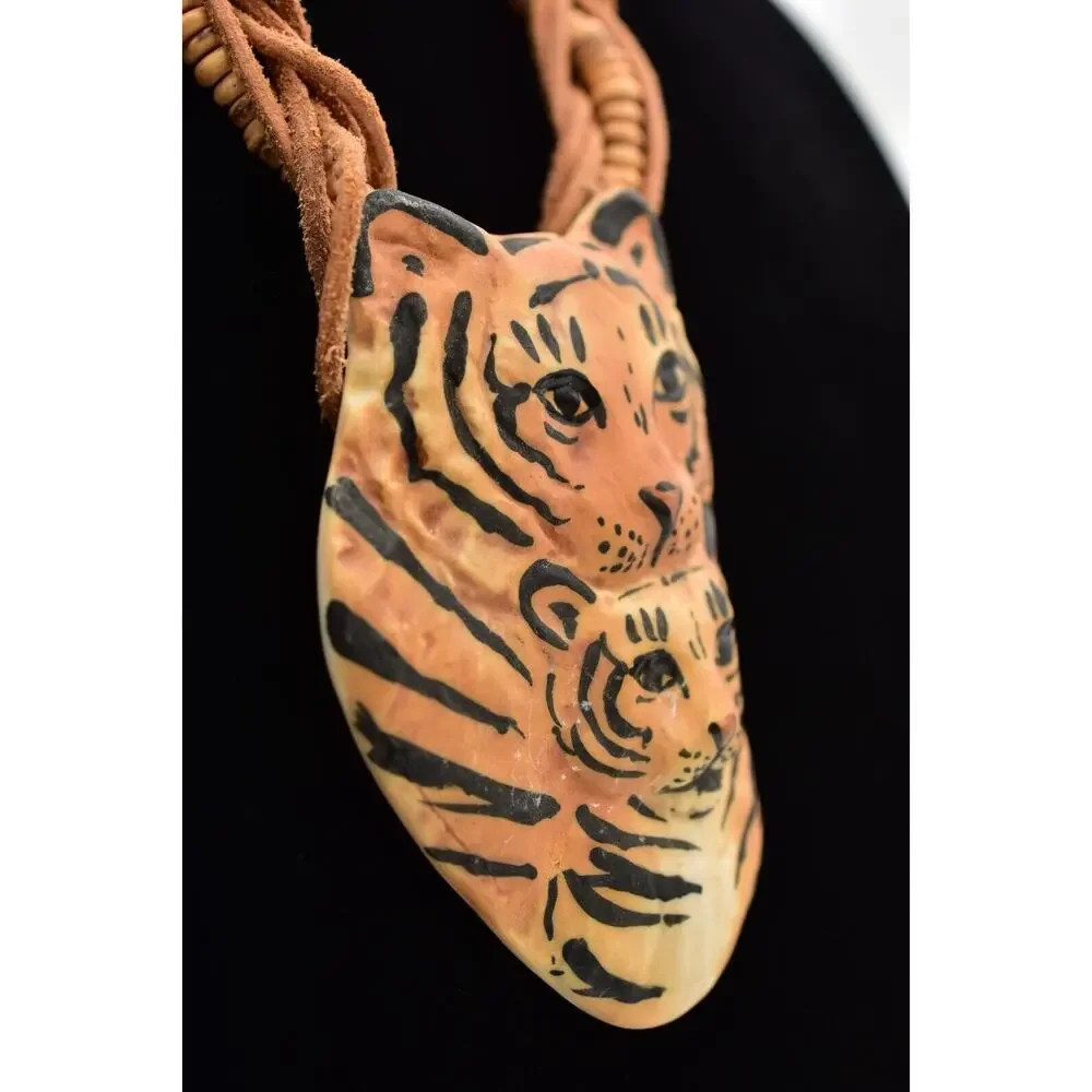 Carol Halmy Vintage Ceramic Beaded Necklace Hand Made Tiger Cub Signed Bin4A